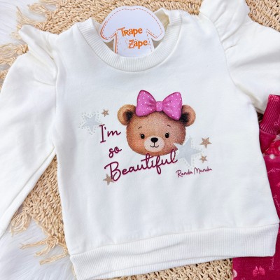 Conj. Blusa Moletom I'm So Beautiful e Calça Ursinhas - Off White Bordo